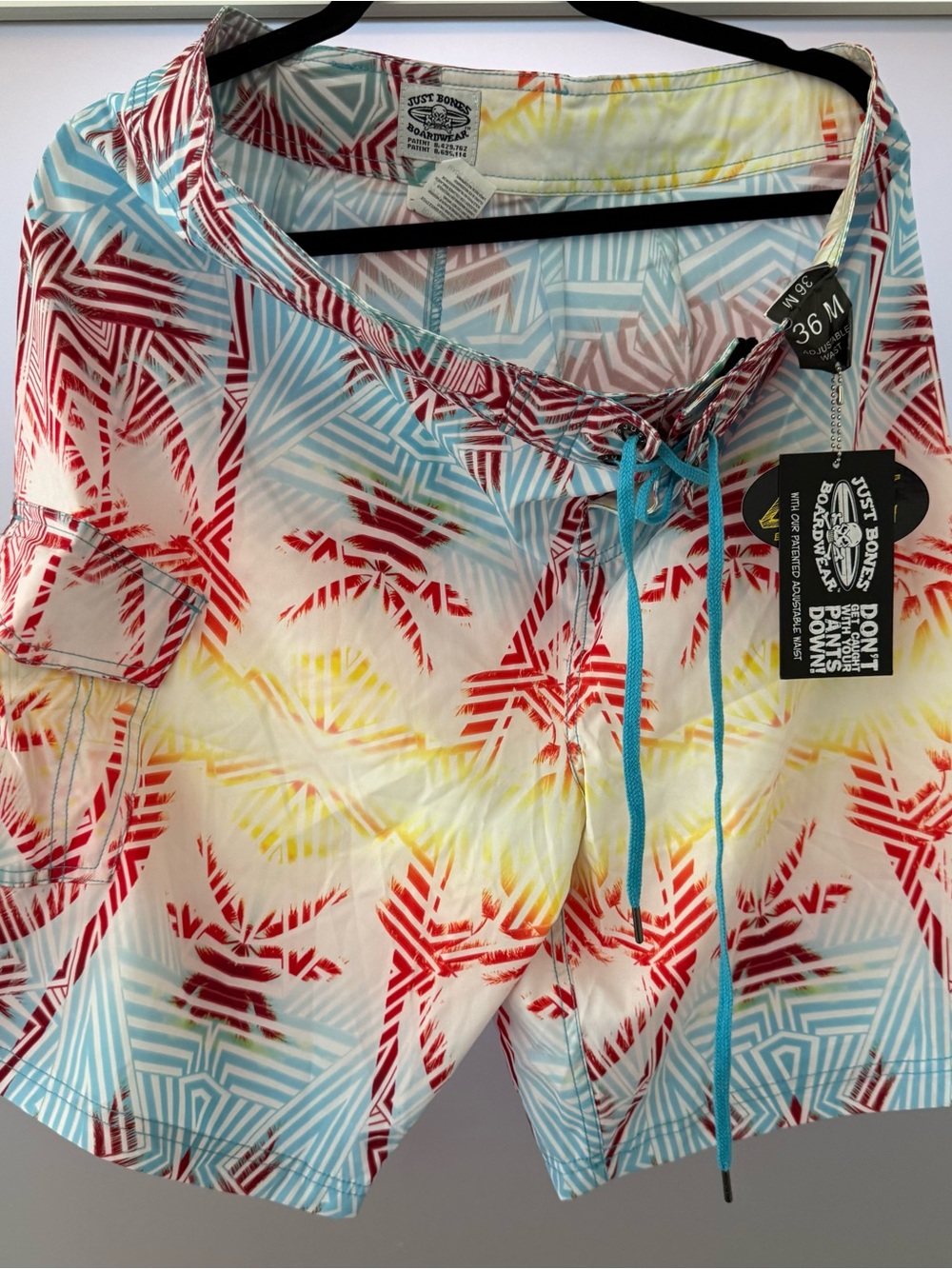Just Bones Tropical Geo Swim Trunks in Red, Blue & Yellow